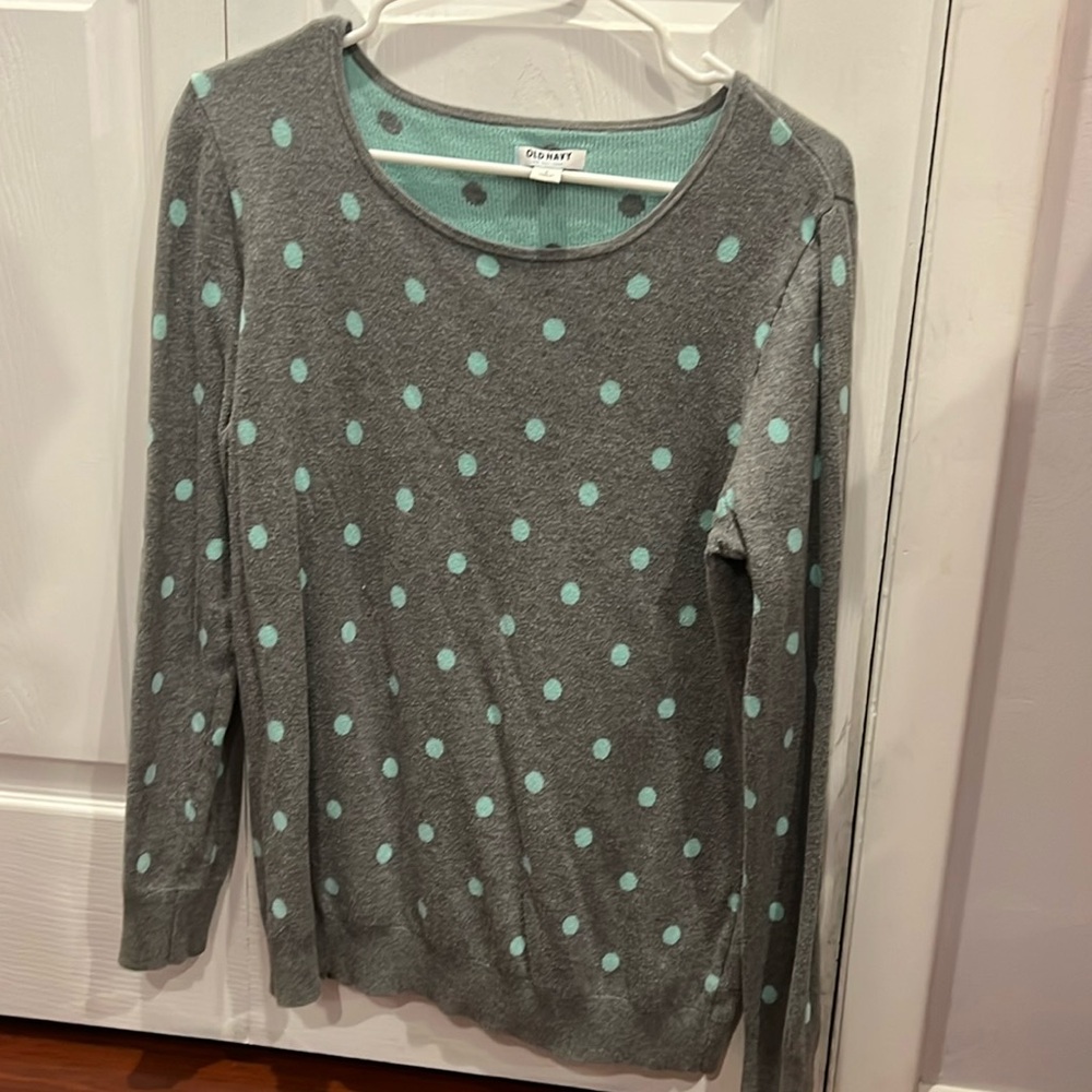 Women sweat shirt grey with aqua blue poke a dots